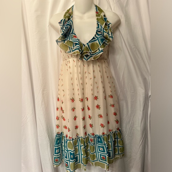 T. Bleu summer spring Easter dress Small halter green blue ivory flower - Picture 1 of 7